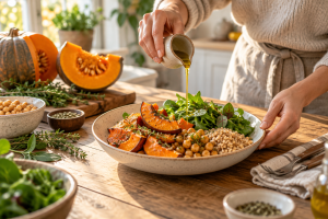 Piatto autunnale con zucca arrostita, ceci, cereali e verdure preparato in cucina